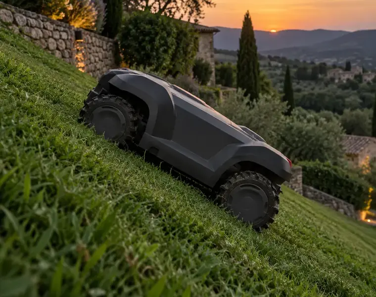 Robot tondeuse à quatre roues sur une pelouse en pente (illustration)