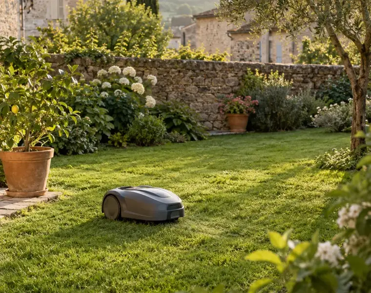 Robot tondeuse dans un petit jardin clos de murs en pierre (illustration)