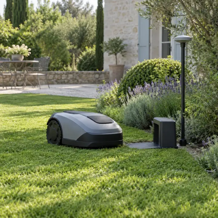 Robot tondeuse sans fil devant sa station (illustration)
