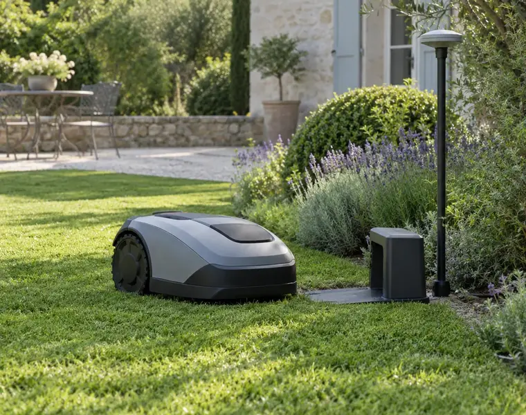Robot tondeuse sans fil devant sa station de charge et son antenne RTK (illustration)